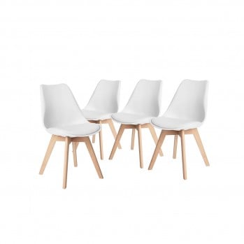 Chaise design pied hêtre assise blanche en simili cuir - lot de 4
