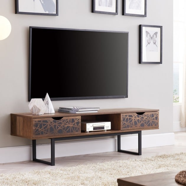 Meuble TV 2 tiroirs et une niche décor bois et motifs noirs L140 cm - Anaëlle