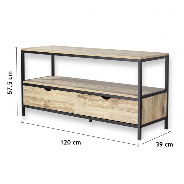 Meuble TV 2 tiroirs métal et bois - L120cm Loft