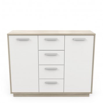 Buffet 2 portes 4 tiroirs, décor bois et blanc L113 cm - Léo