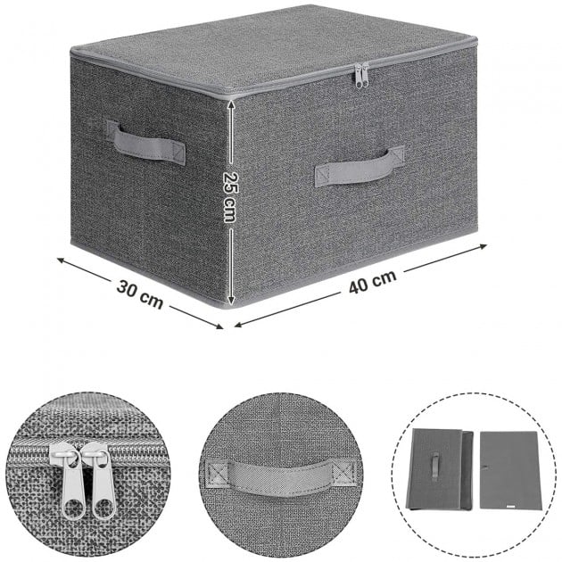 Boîtes de rangement grises pliables avec poignées et couvercle - L40 x H25 cm