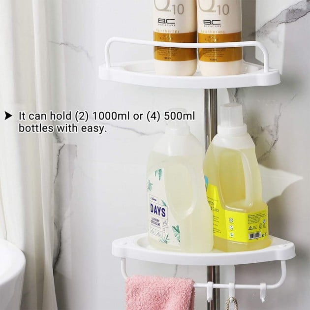 Étagère d'angle de douche télescopique avec 4 plateaux, 3 crochets et 1 porte serviette - H95-300 cm