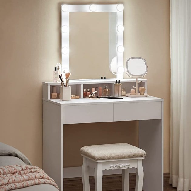 Coiffeuse blanche avec miroir à ampoules et 2 tiroirs - L80 x H145 cm