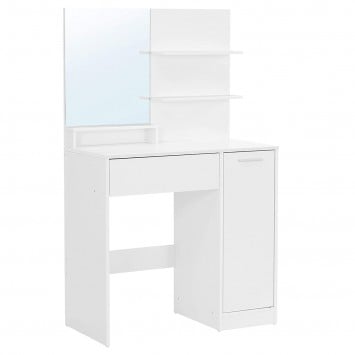Coiffeuse blanche avec miroir, 1 tiroir, 2 étagères et armoire de rangement - L80 x H132 cm