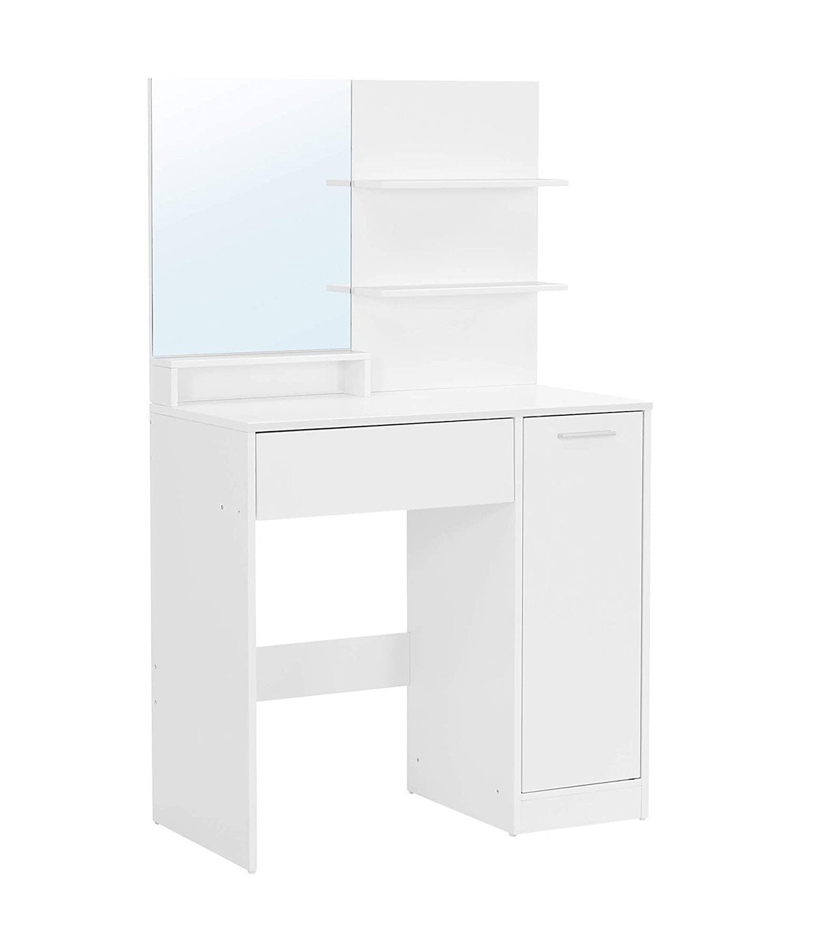 Coiffeuse blanche avec miroir, 1 tiroir, 2 étagères et armoire de