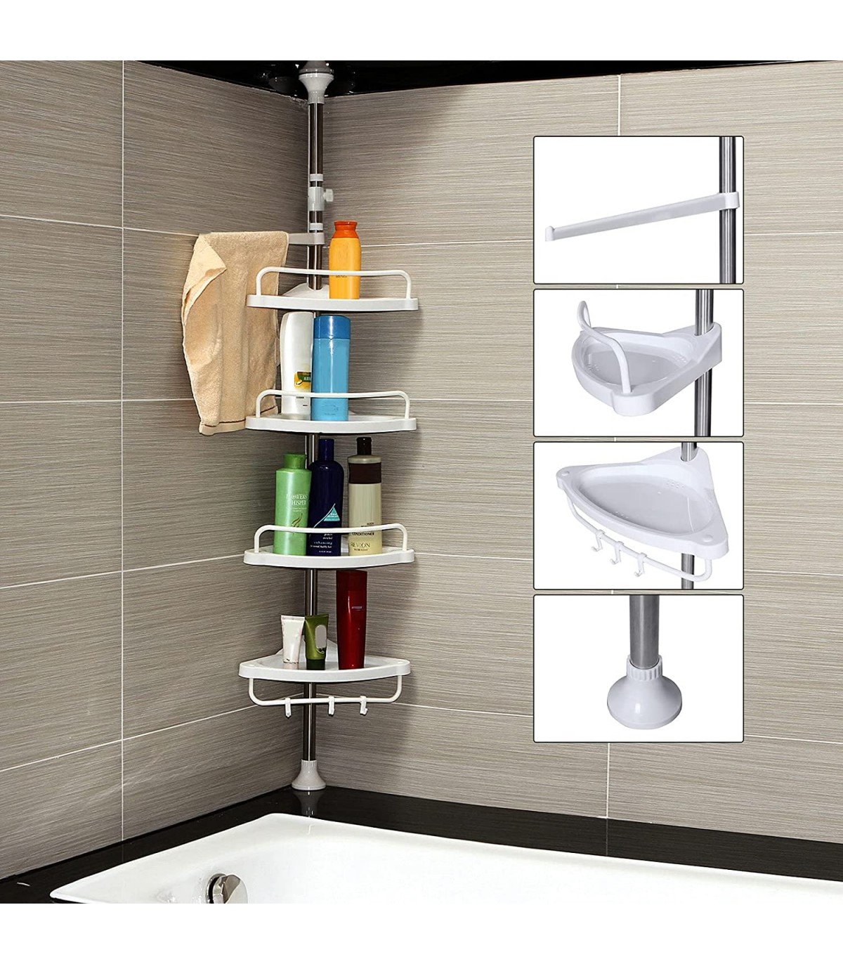 Étagère d'angle de douche télescopique avec 4 plateaux, 3 crochets et 1  porte serviette - H95-300 cm