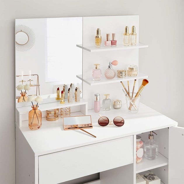 Coiffeuse blanche avec miroir, 1 tiroir, 2 étagères et armoire de rangement - L80 x H132 cm