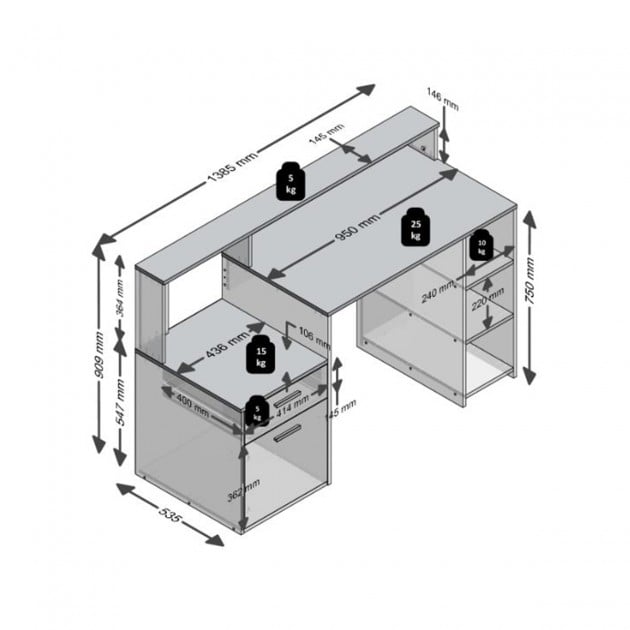 Bureau 1 porte 1 tiroir et 3 étagères Bolton - L138,5 cm