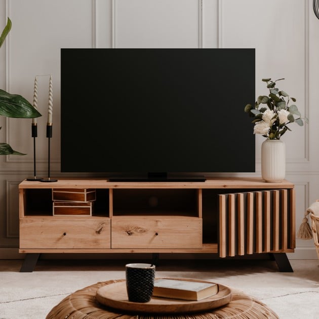 Meuble TV 1 porte, 2 tiroirs et 2 niches décor chêne artisan L138 cm - LUBLIN