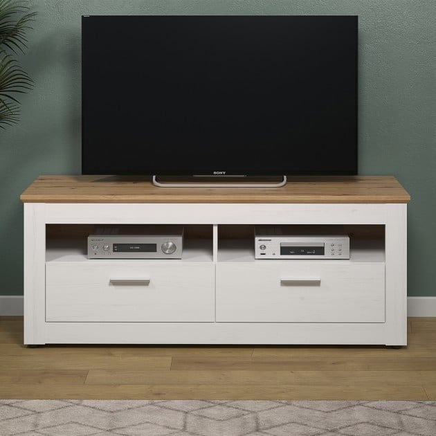 Meuble TV 2 tiroirs et 2 niches décor bois clair et blanc L148 cm - Shade