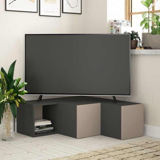 Meuble TV d'angle 2 tiroirs et 1 niche L90 cm - Compact