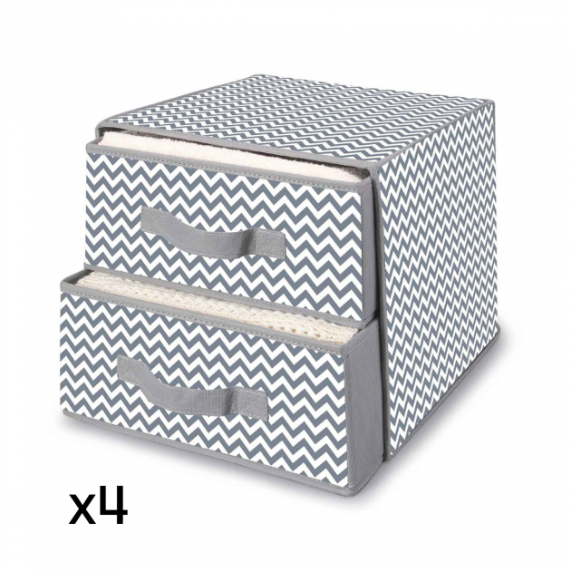 Lot de 4 boîtes 2 tiroirs motif vagues - H27,5 cm