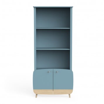 Bibliothèque 2 tablettes et 2 portes bleu orage et décor bois naturel H177 cm - FIRMIANA